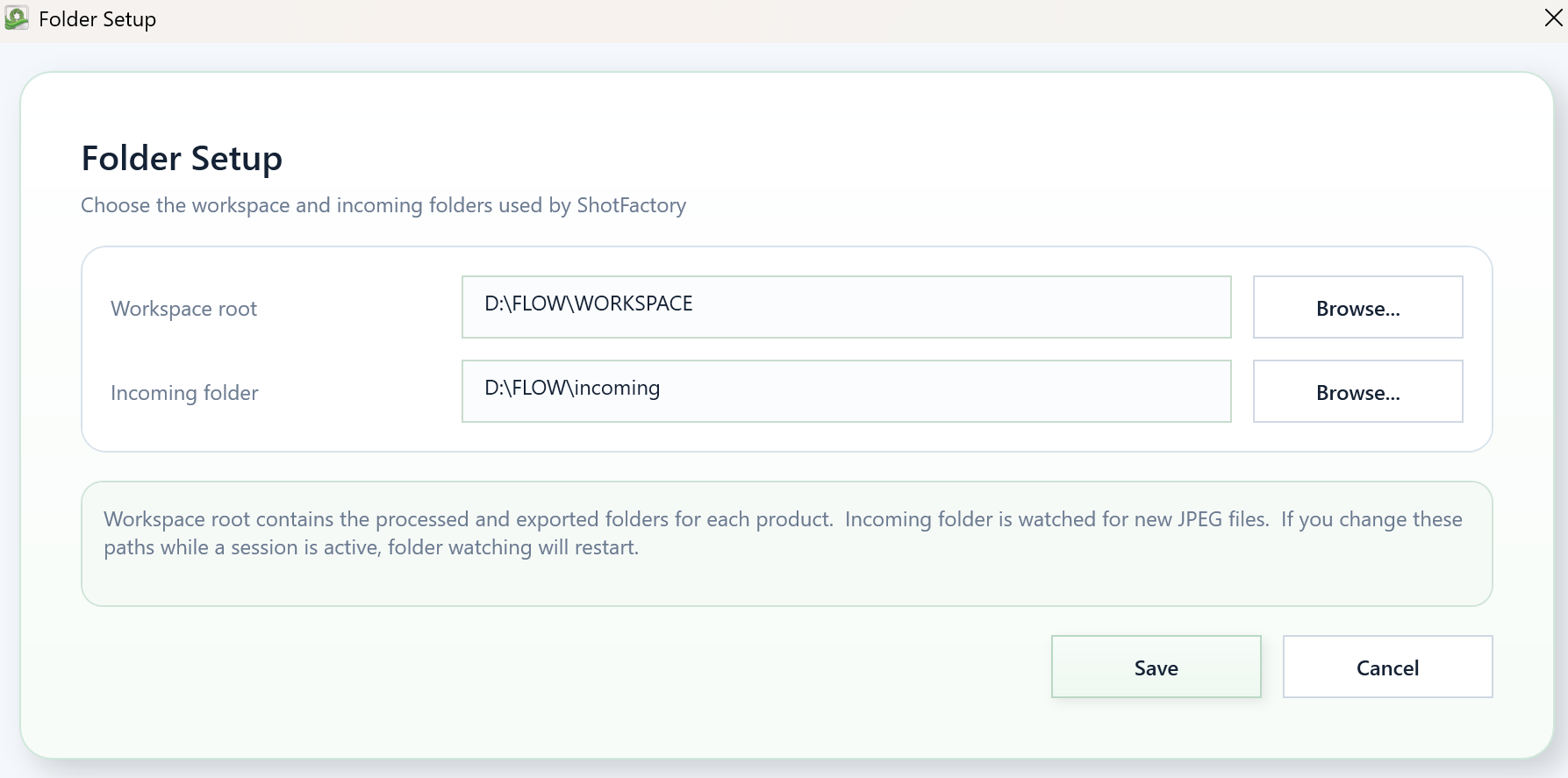 ShotFactory folder setup window